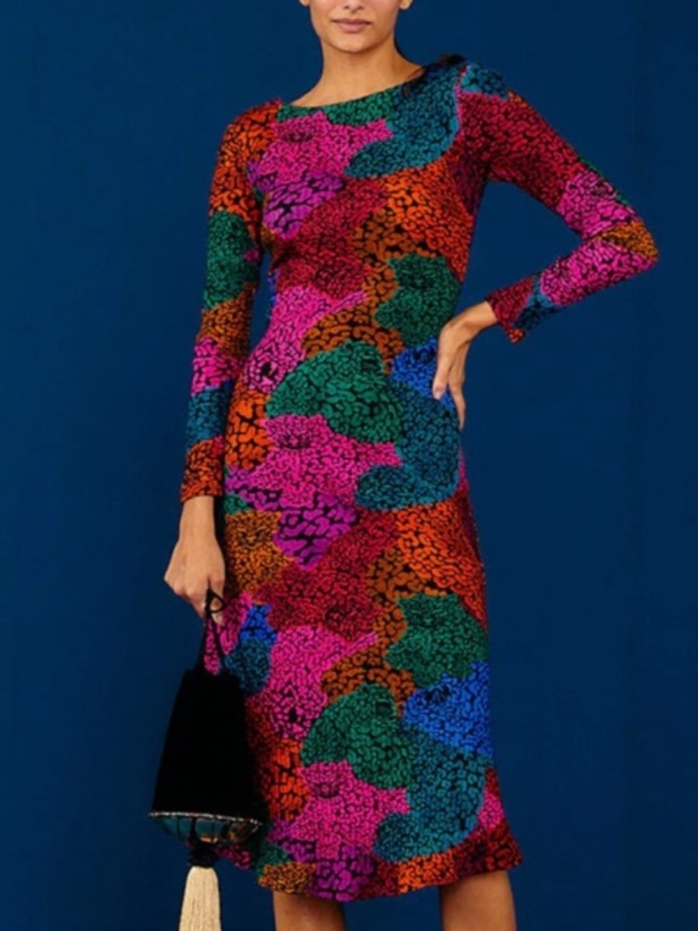 Farm Rio Rainbow Mix Jersey Dress Ribbed Knit Long Sleeve Midi New Size Medium - Picture 2 of 13